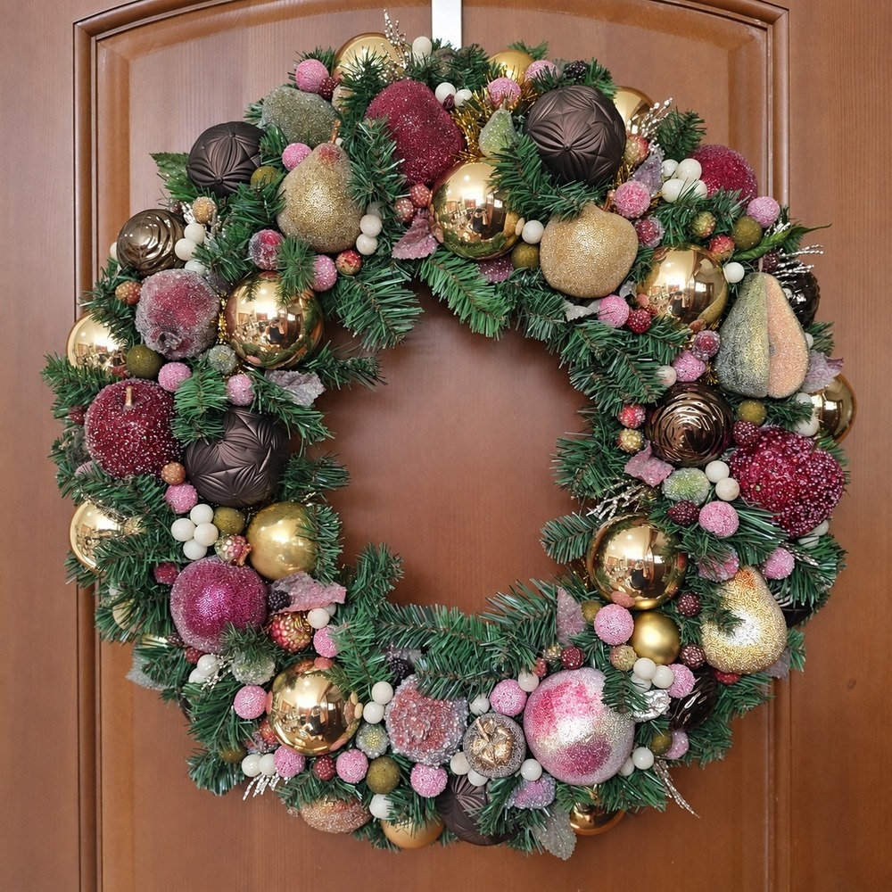 Christmas Ornament Sugared Fruit Wreath OOAK Handmade Tinsel 23" Holiday Decor
